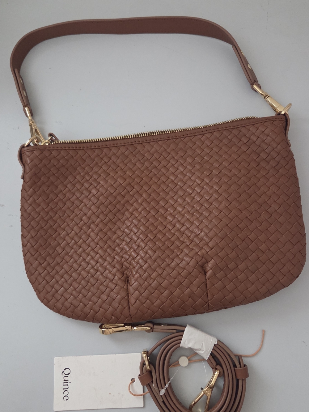 Quince Italian Leather Convertible Crescent Handwoven Shoulder Bag  Cognac